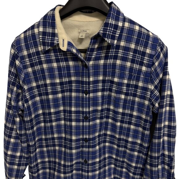LL Bean Shirt Jacket Women Large Blue Plaid Flannel Sherpa Lined Shacket - Picture 1 of 6